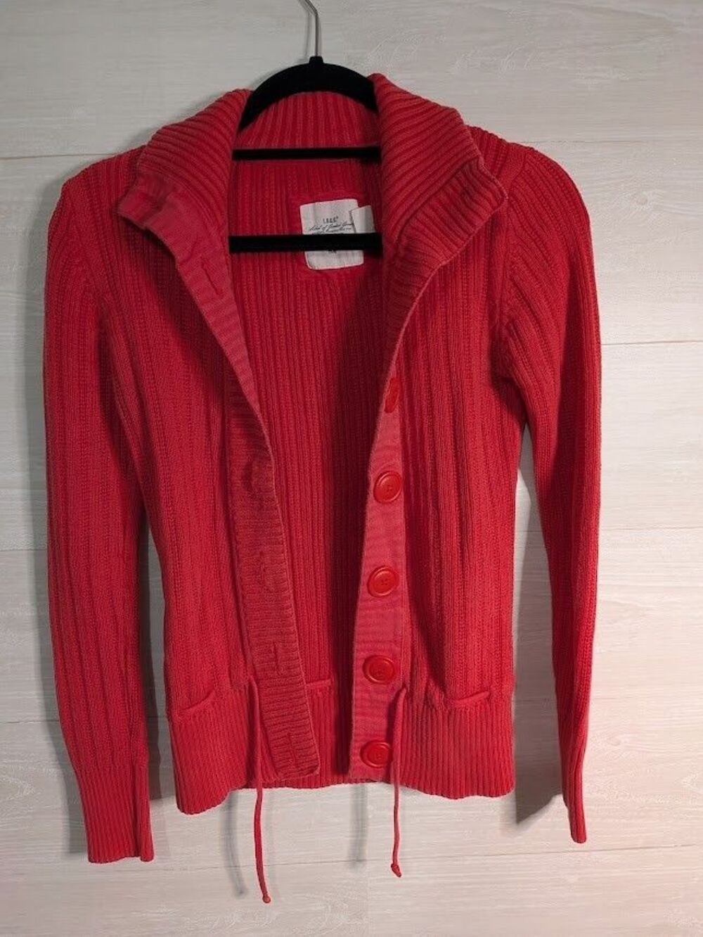 Vintage H&M LOGG Red Ribbed Cardigan S Chunky Cotton Knit Drawstring Button Y2K